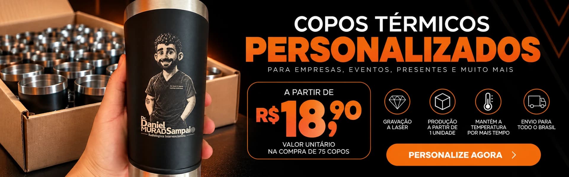Promoção V12 Personalizados: 75 copos térmicos personalizados com gravação a laser por R$ 18,90 cada. Copo preto com gravação personalizada, ideal para empresas, eventos e presentes.